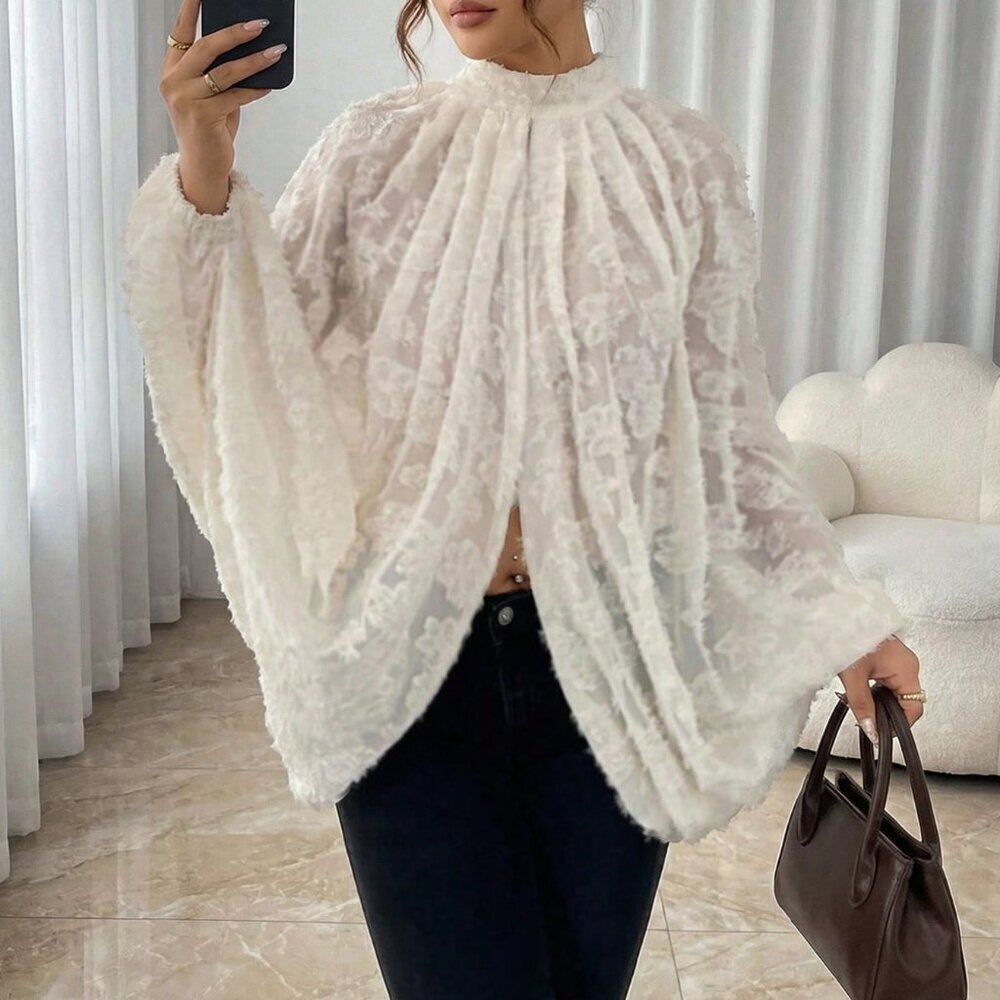 Apricot Casual Women's Textured Floral Print Batwing Sleeve Cover Up